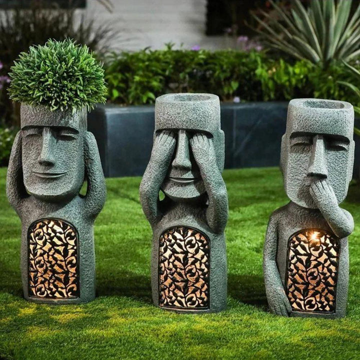 SculpturePot LED Hear/See/Speak Abstract Face Shape Flowerpot with Solar LED Light