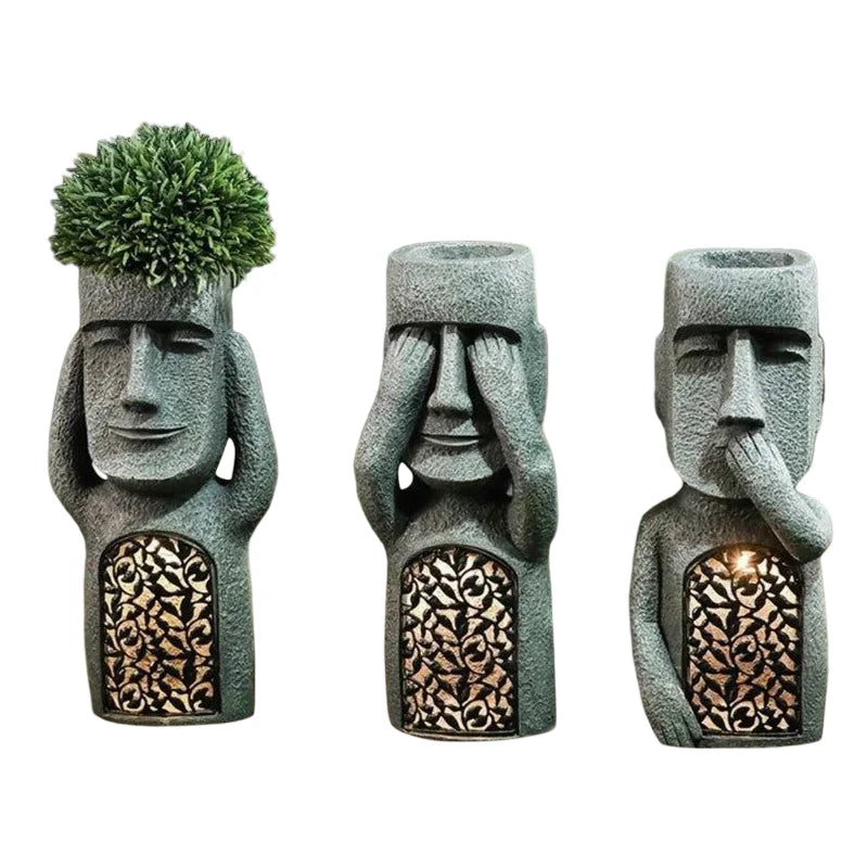 SculpturePot LED Hear/See/Speak Abstract Face Shape Flowerpot with Solar LED Light