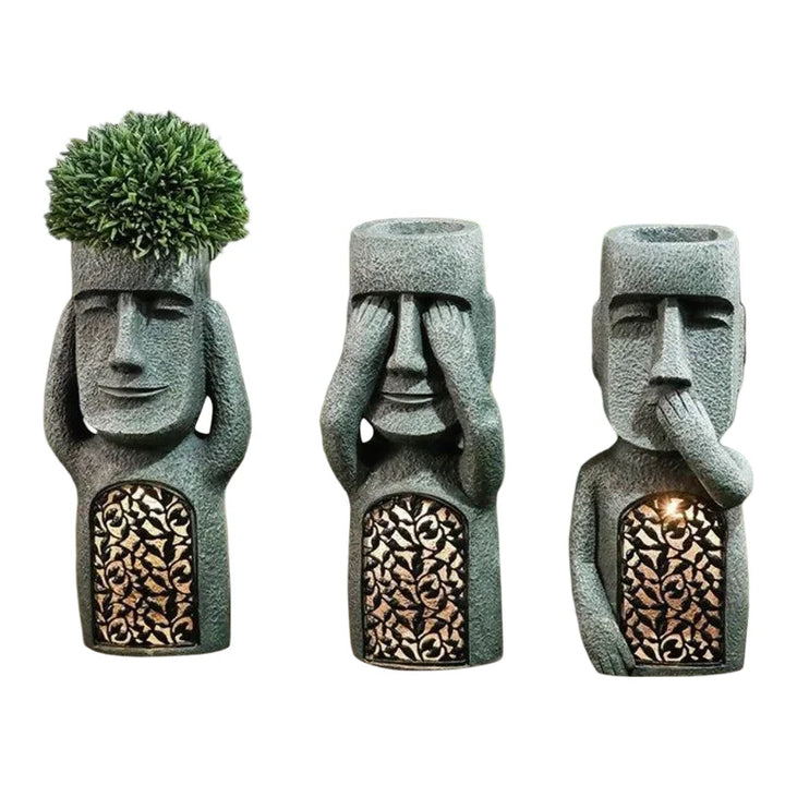 SculpturePot LED Hear/See/Speak Abstract Face Shape Flowerpot with Solar LED Light