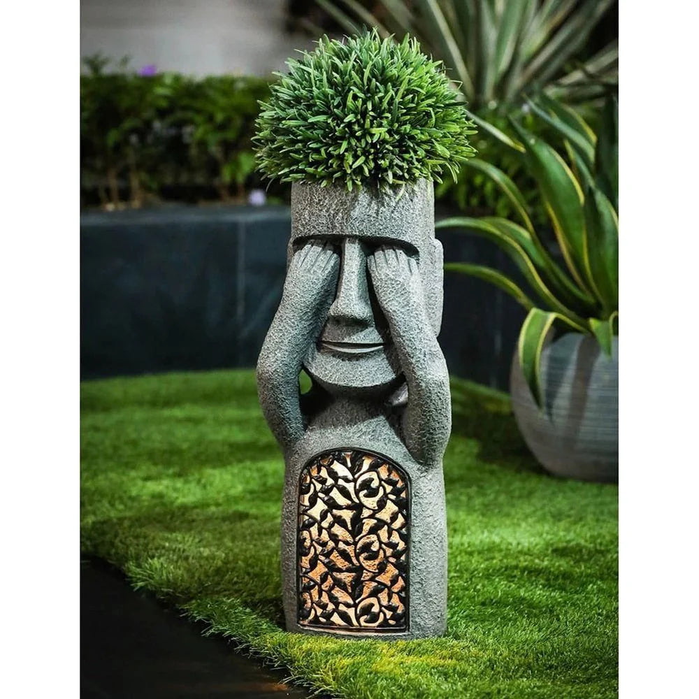 SculpturePot LED Hear/See/Speak Abstract Face Shape Flowerpot with Solar LED Light