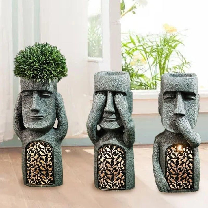 SculpturePot LED Hear/See/Speak Abstract Face Shape Flowerpot with Solar LED Light