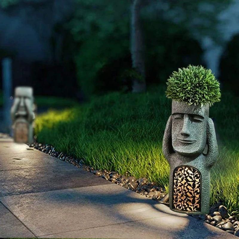 SculpturePot LED Hear/See/Speak Abstract Face Shape Flowerpot with Solar LED Light