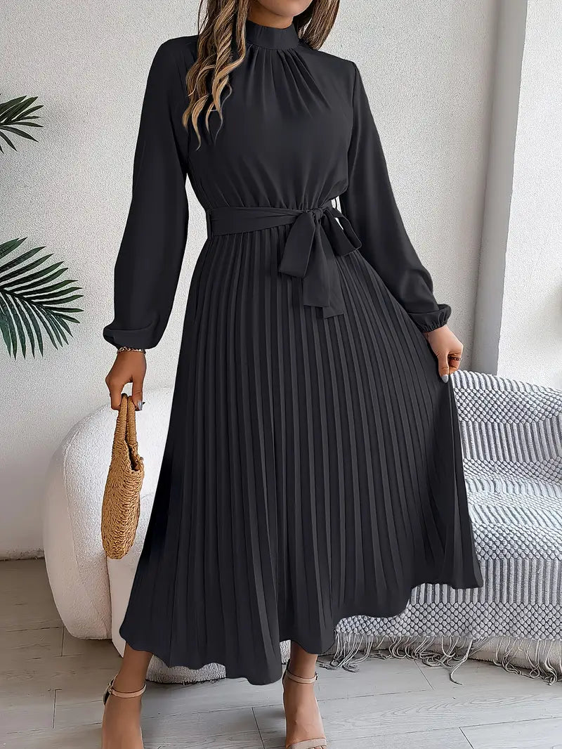 Westdale | Women's Winter Pleated Belted Long Sleeve Dress for Formal Occasions