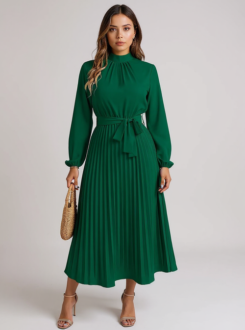 Hillbrook | Women's Long Sleeve Pleated Belted Dress for Formal & Elegant Occasions - Green / S