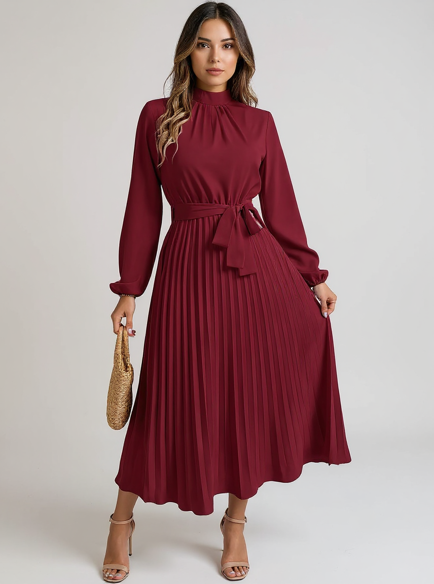 Hillbrook | Women's Long Sleeve Pleated Belted Dress for Formal & Elegant Occasions - Burgundy / S