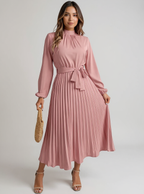 Hillbrook | Women's Long Sleeve Pleated Belted Dress for Formal & Elegant Occasions - Pink / S