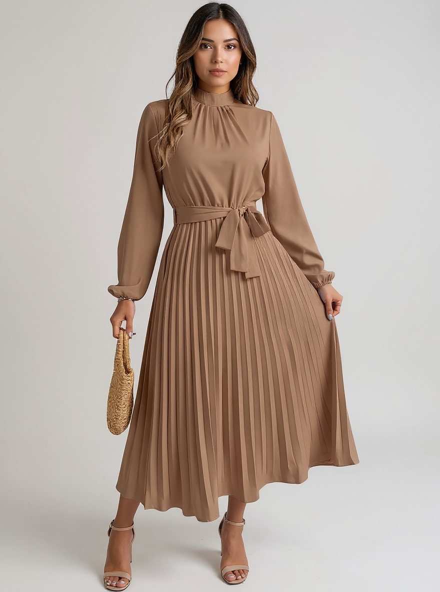 Hillbrook | Women's Long Sleeve Pleated Belted Dress for Formal & Elegant Occasions - Khaki / S