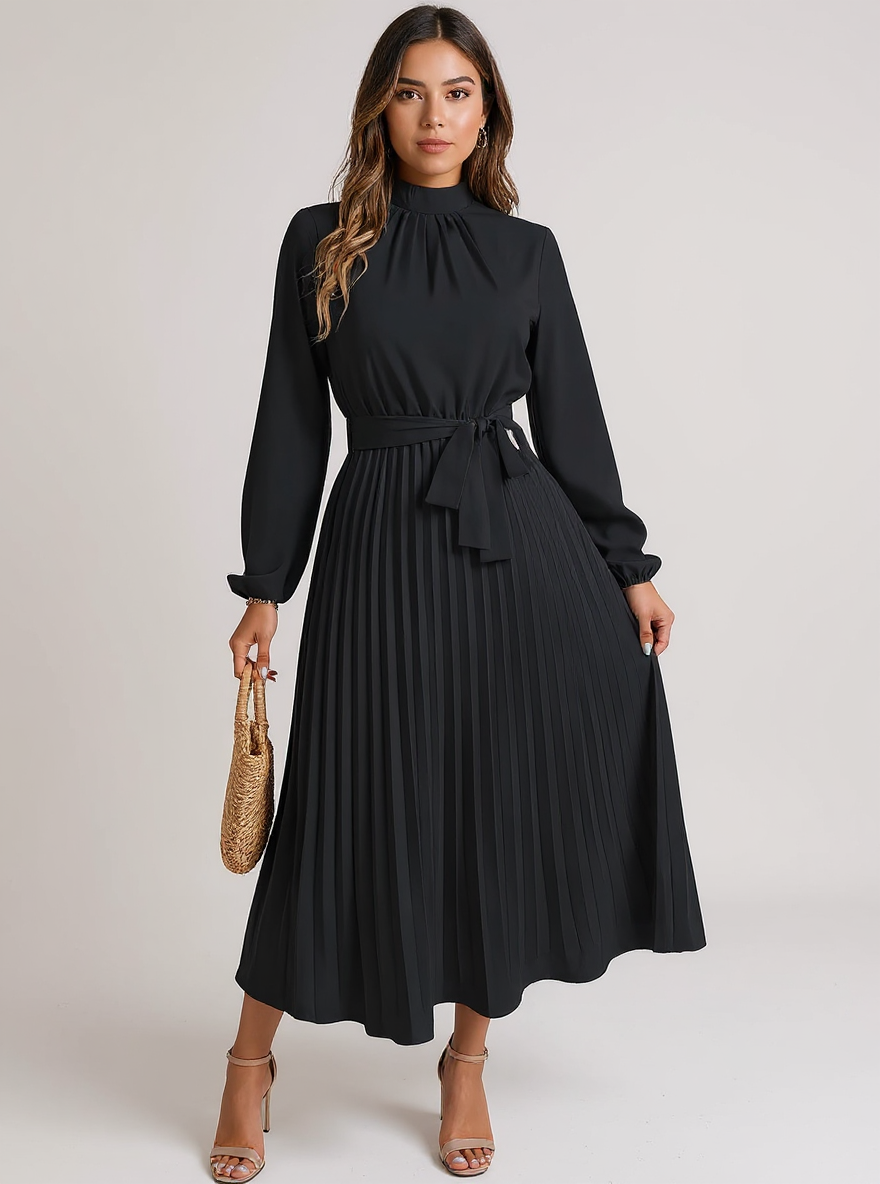 Hillbrook | Women's Long Sleeve Pleated Belted Dress for Formal & Elegant Occasions - Black / S