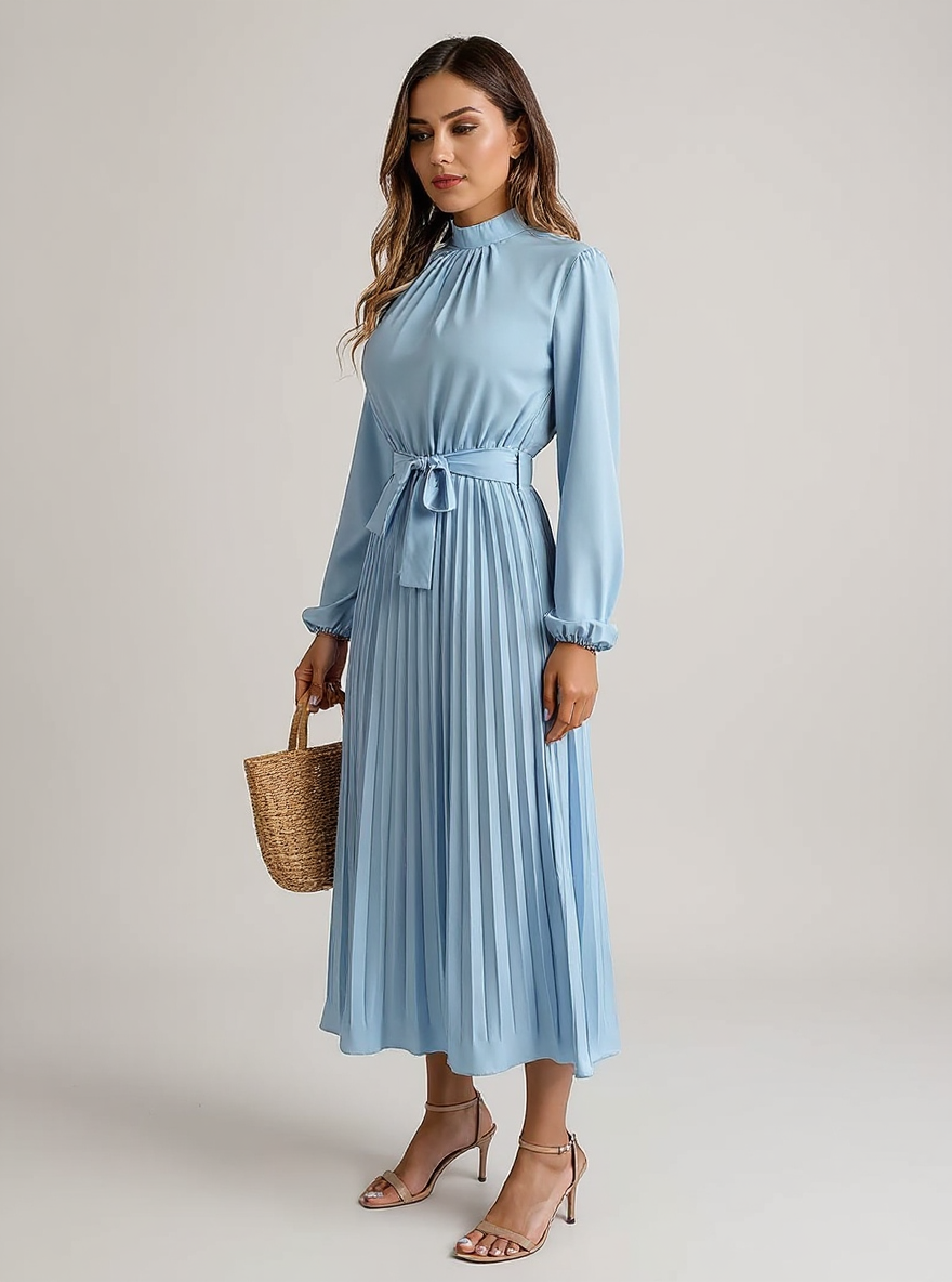 Hillbrook | Women's Long Sleeve Pleated Belted Dress for Formal & Elegant Occasions - 3/4 Turn
