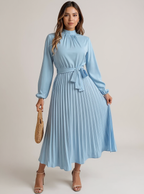 Hillbrook | Women's Long Sleeve Pleated Belted Dress for Formal & Elegant Occasions - Light Blue / S