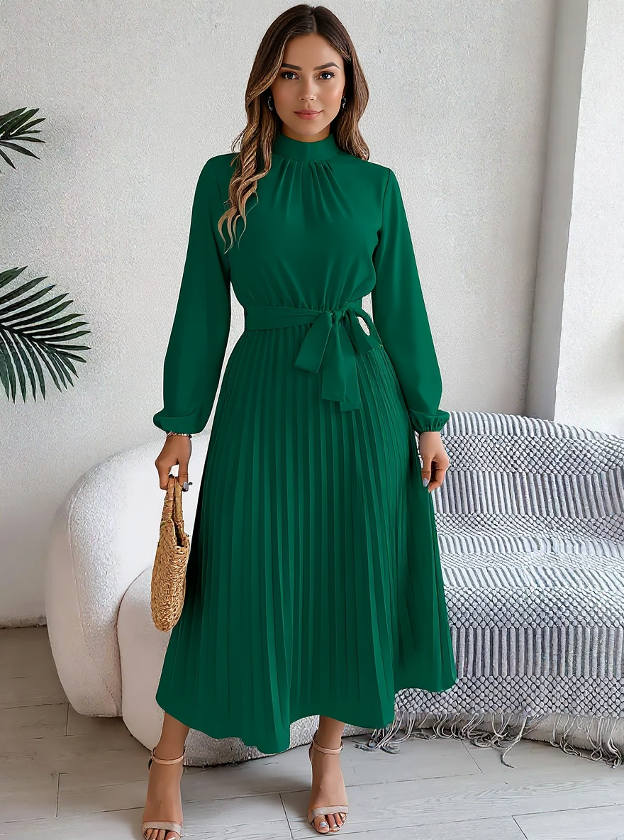 Jasmine | Women’s Long Sleeve Pleated Belted Dress - Green