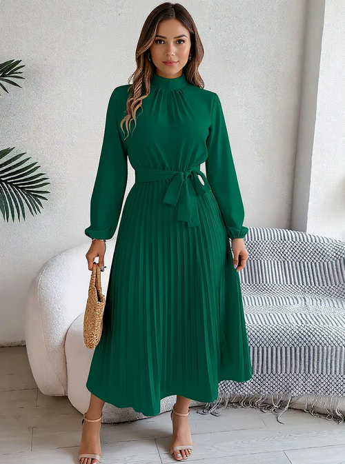 Jasmine | Women’s Long Sleeve Pleated Belted Dress - Green