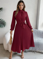 Jasmine | Women’s Long Sleeve Pleated Belted Dress - Burgundy