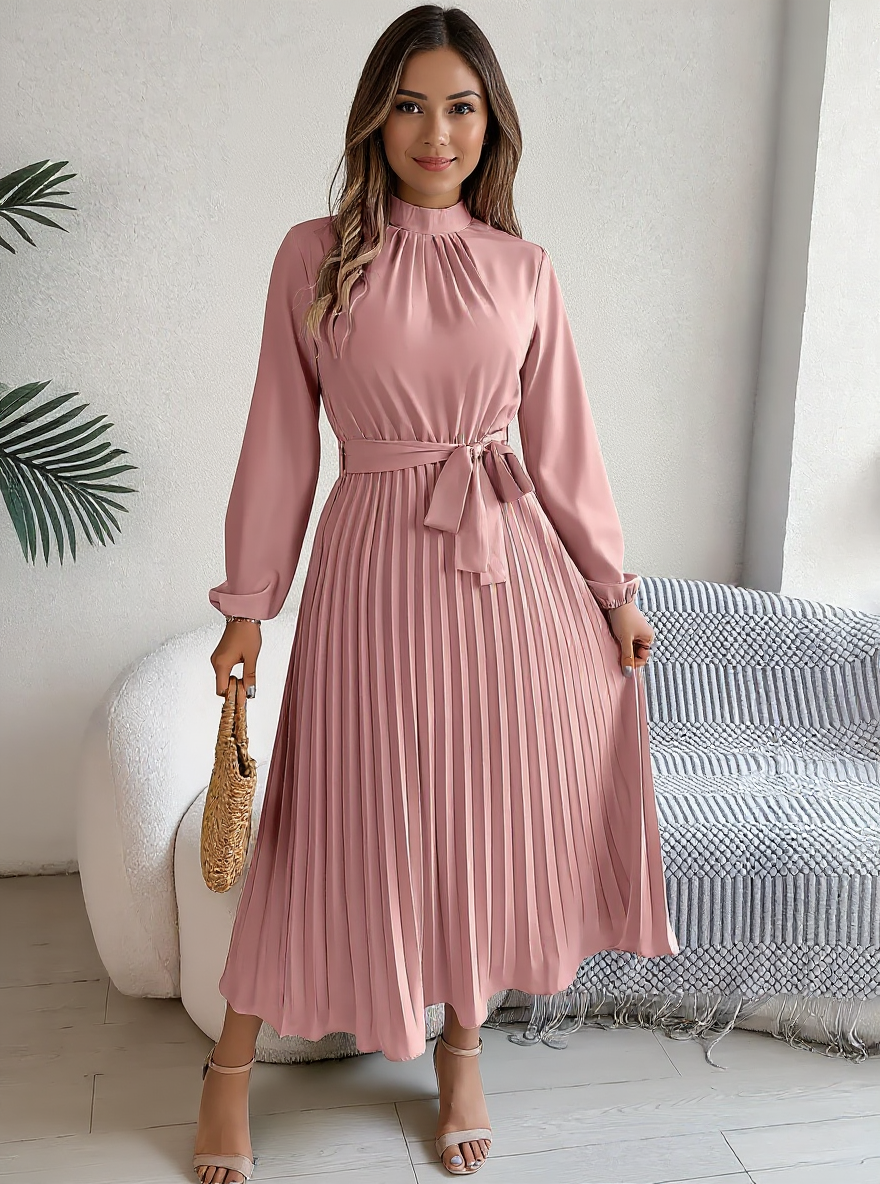 Jasmine | Women’s Long Sleeve Pleated Belted Dress - Pink
