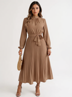 Jasmine | Women’s Long Sleeve Pleated Belted Dress - Khaki