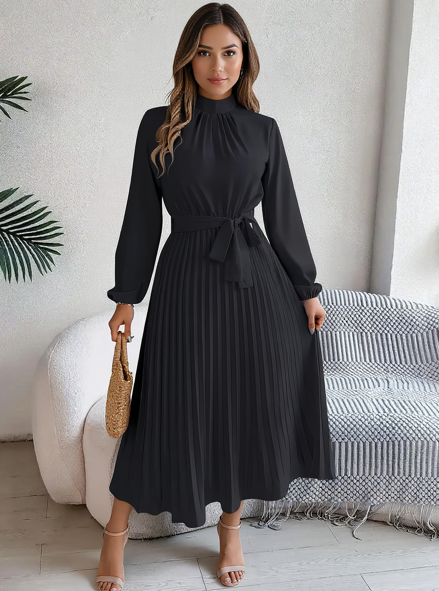 Jasmine | Women’s Long Sleeve Pleated Belted Dress - Black