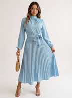 Jasmine | Women’s Long Sleeve Pleated Belted Dress - 3/4 Turn