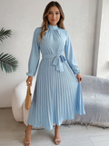 Jasmine | Women’s Long Sleeve Pleated Belted Dress - Light Blue