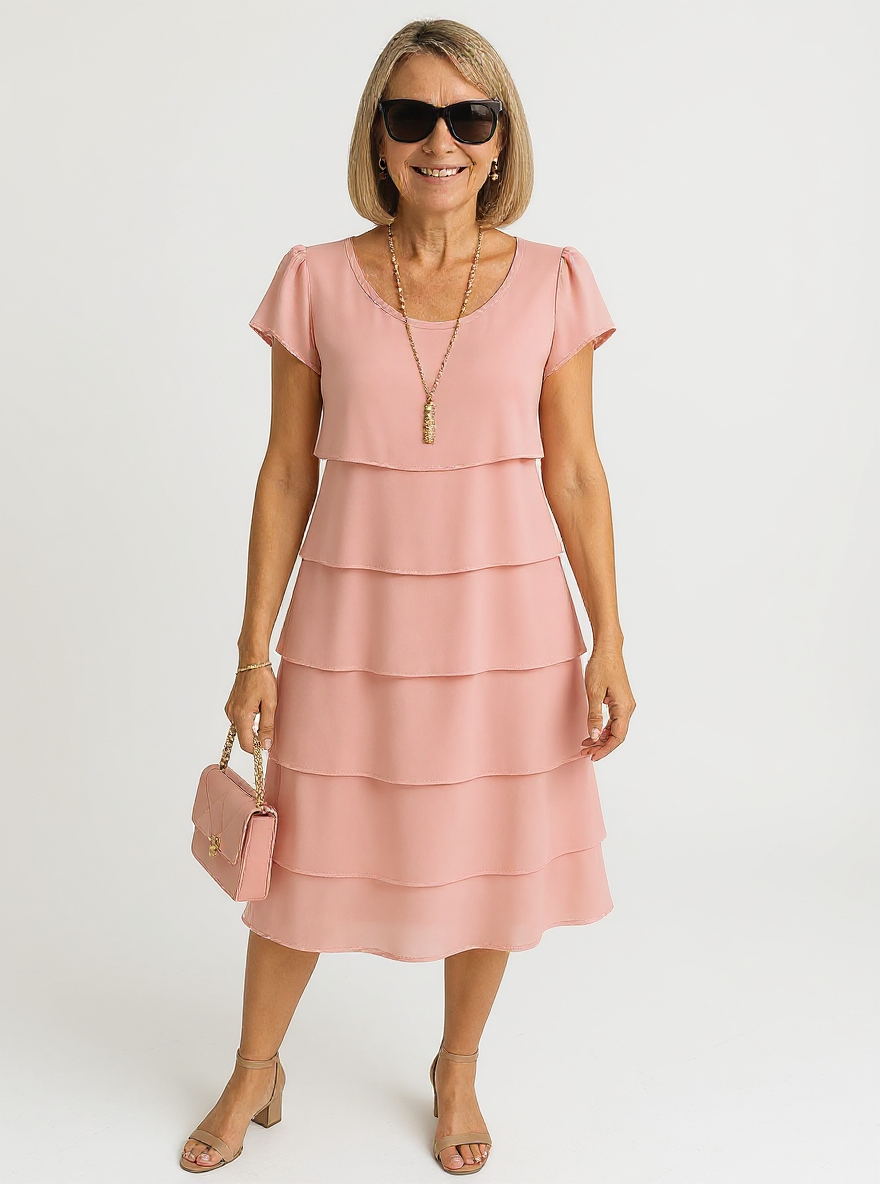 Walden | Women's Short Sleeve Layered Midi Dress with Elegant Skirt for Versatile Occasions - Pink / S