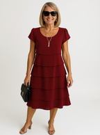 Walden | Women's Short Sleeve Layered Midi Dress with Elegant Skirt for Versatile Occasions - Dark red / S