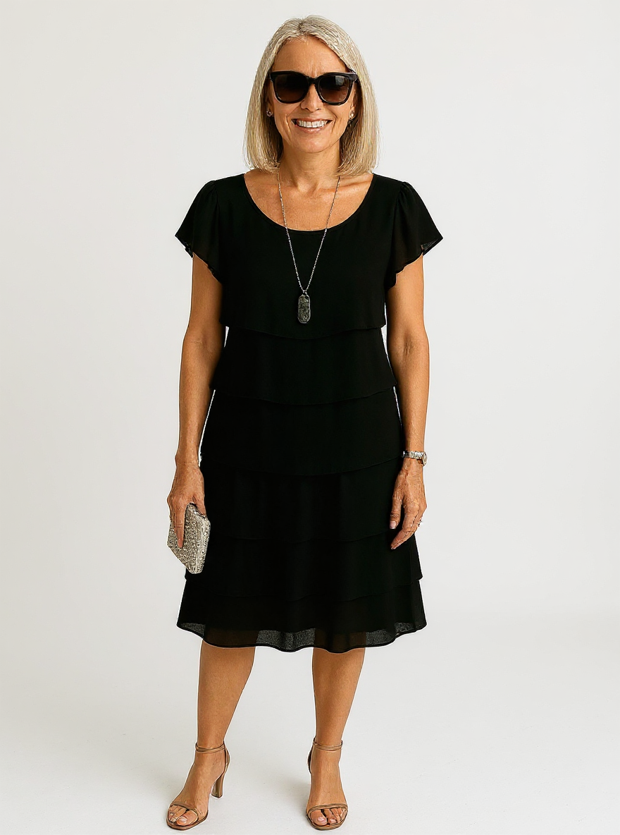 Walden | Women's Short Sleeve Layered Midi Dress with Elegant Skirt for Versatile Occasions - Black / S