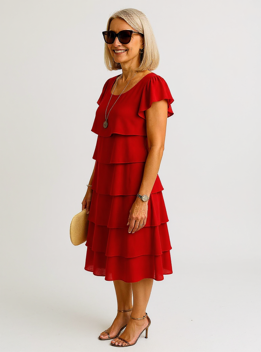 Walden | Women's Short Sleeve Layered Midi Dress with Elegant Skirt for Versatile Occasions - 3/4 Turn