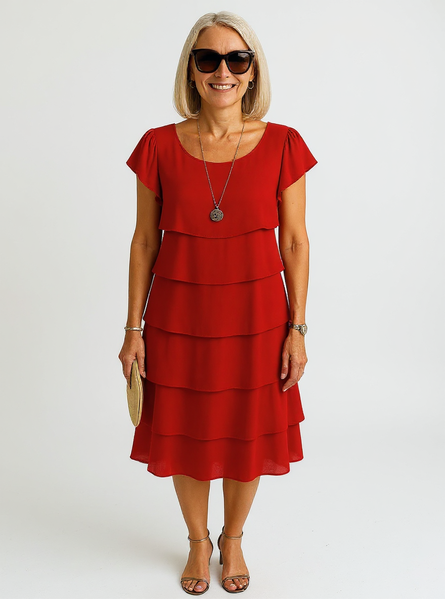 Walden | Women's Short Sleeve Layered Midi Dress with Elegant Skirt for Versatile Occasions - Red / S